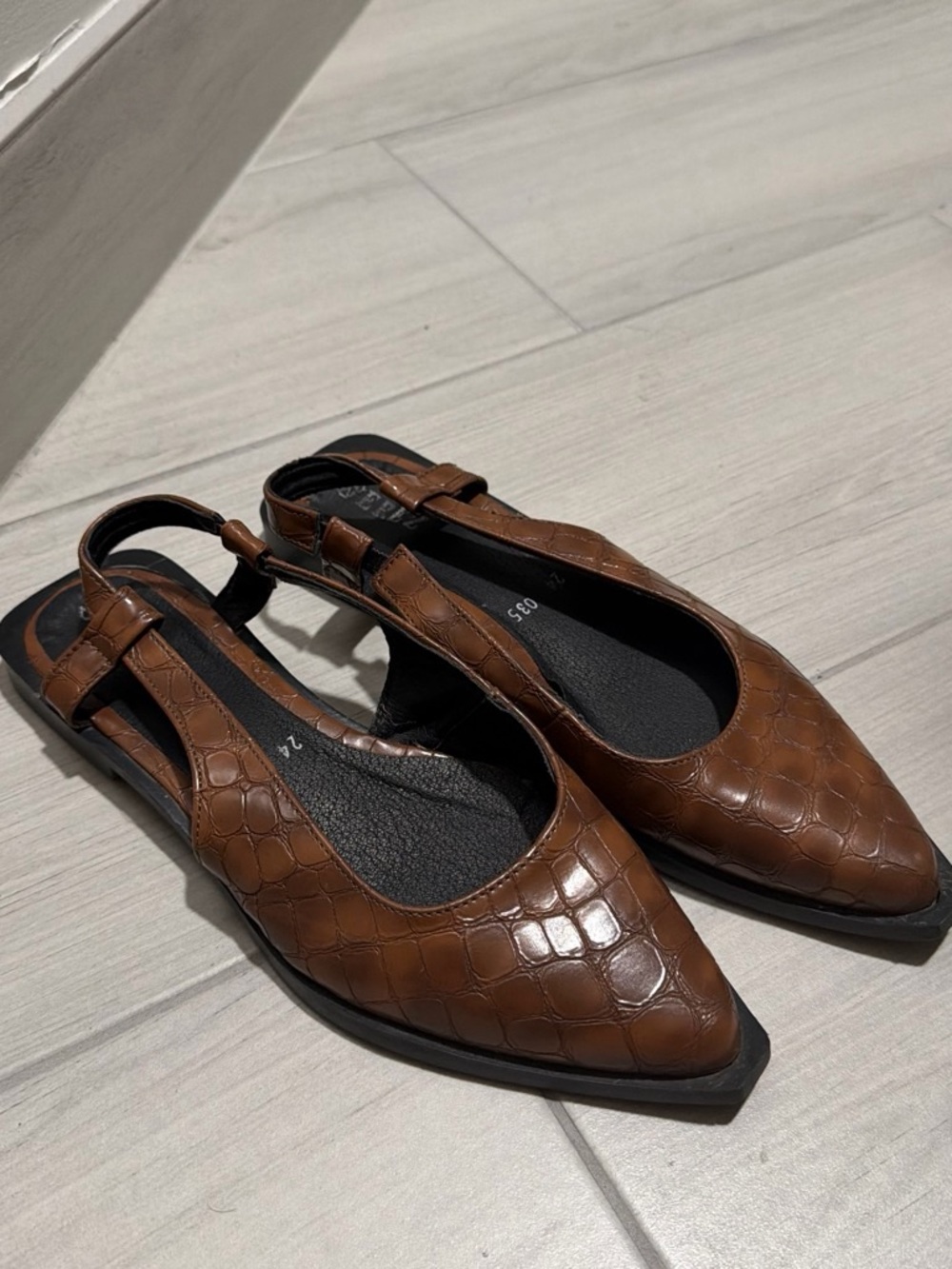 Croc-Embossed Pointed Slingback Flats in Brown